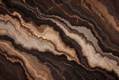 The primary subject of the image is a marble slab with a unique and intricate pattern. The setting is a natural environment, possibly a stone or marble workshop. The visual style is a close-up of the marble slab, showcasing its texture and details. The colors and mood of the image are predominantly earthy tones, giving it a natural and elegant appearance.