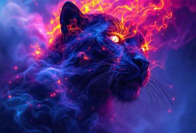 The primary subject of the image is a black cat with glowing eyes. The cat is the main focus of the image, and it appears to be staring directly at the viewer. The setting is a purple background, which adds a unique and vibrant atmosphere to the scene. The visual style of the image is a combination of digital art and illustration, creating a striking and eye-catching representation of the cat. The colors and mood of the image are predominantly purple, which gives the scene a sense