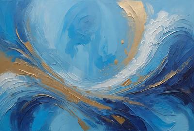 The primary subject of the image is a painting of a blue and gold ocean wave. The setting is a blue background, and the visual style appears to be a digital art or illustration. The dominant colors in the painting are blue and gold, creating a serene and calming atmosphere.