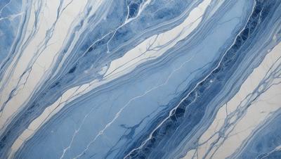 The primary subject of the image is a blue and white marble tile. The setting is a bathroom, with the marble tile covering the walls and floor. The visual style is a close-up of the tile, showcasing its intricate design and texture. The dominant colors are blue and white, creating a clean and elegant atmosphere.