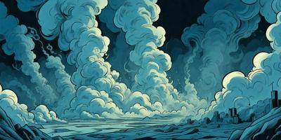 The primary subject of the image is a cloudy sky with a dark background. The setting is a vast, open space with a rocky landscape. The visual style is a digital art or illustration, creating a dramatic and moody atmosphere. The colors are predominantly dark and cloudy, with some lighter tones in the sky.