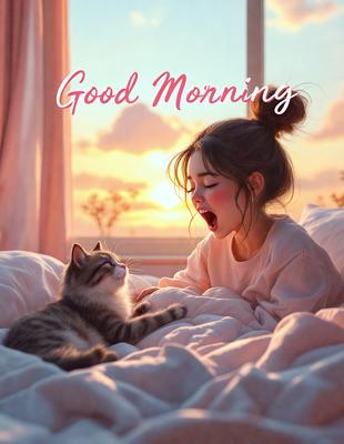 The primary subject of the image is a young girl lying in bed, with a cat sitting on her chest. The setting is a cozy bedroom, and the visual style is a combination of photo and digital art. The colors are warm and inviting, creating a comfortable and relaxing atmosphere.
