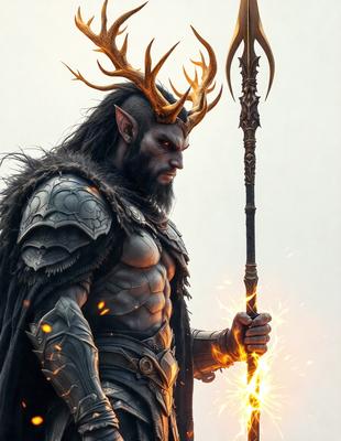 The primary subject of the image is a man dressed in a costume with horns and a beard, holding a sword. He appears to be a character from a fantasy or mythological setting. The setting is a white background, which provides a clean and minimalistic backdrop for the image. The visual style is digital art, as the man is depicted in a detailed and realistic manner. The colors and mood of the image are dark and dramatic, with the man's costume and the sword creating a sense of
