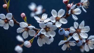 The primary subject of the image is a tree filled with white flowers. The tree is located in a blue sky, creating a serene and peaceful atmosphere. The visual style of the image is a photo, capturing the beauty of the tree and its flowers in their natural environment. The colors and mood of the image are predominantly blue and calm, with the white flowers adding a touch of brightness and elegance to the scene.