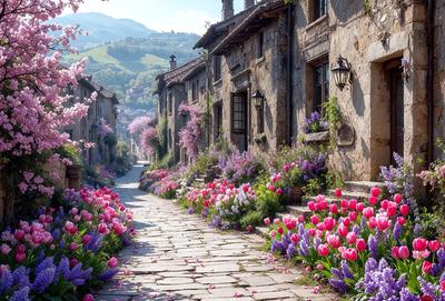 The primary subject of the image is a narrow alleyway lined with purple flowers, specifically tulips. The setting is a quaint village with stone buildings and a mountain in the background. The visual style is a photo, capturing the beauty of the alleyway and the flowers. The colors and mood of the image are predominantly purple, creating a serene and peaceful atmosphere.