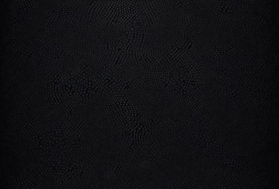 The primary subject of the image is a close-up of a black leather surface. The setting is a dark room, and the visual style appears to be a photo. The dominant colors are black and the overall atmosphere is dark and moody.