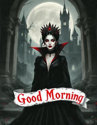 The primary subject of the image is a woman dressed in a black gown, wearing a crown and holding a cup. She is standing in front of a castle, which serves as the setting for the scene. The visual style of the image is digital art, with the woman being the main focus of the composition. The colors and mood of the image are dark and dramatic, with the woman's attire and the castle's architecture contributing to the overall atmosphere.