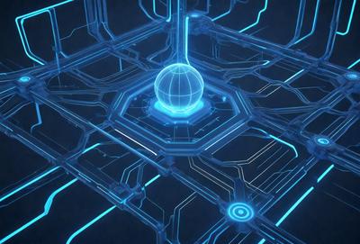 The primary subject of the image is a blue, glowing, three-dimensional sphere, which is the main object in the scene. The setting is a blue, geometric, and intricate pattern, which serves as the backdrop for the sphere. The visual style of the image is a combination of digital art and illustration, creating a unique and captivating atmosphere. The dominant colors in the image are blue and white, with the blue glow of the sphere adding a sense of depth and intrigue to the overall mood.
