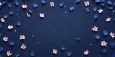 The primary subject of the image is a blue background with a pattern of white flowers scattered across it. The setting appears to be a dark room, and the visual style is a combination of a photo and digital art. The dominant colors are blue and white, creating a calm and serene atmosphere.
