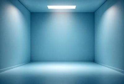 The primary subject of the image is a large, empty room with a blue wall. The setting is a room with a blue wall, and the visual style is a photo. The colors and mood of the image are predominantly blue, creating a calm and serene atmosphere.