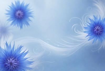 The primary subject of the image is a blue flower, which is the main focus of the scene. The setting is a blue sky, creating a serene and calming atmosphere. The visual style of the image is a combination of photo and digital art, giving it a unique and artistic appearance. The dominant colors in the image are blue and white, which contribute to the overall mood of the scene.