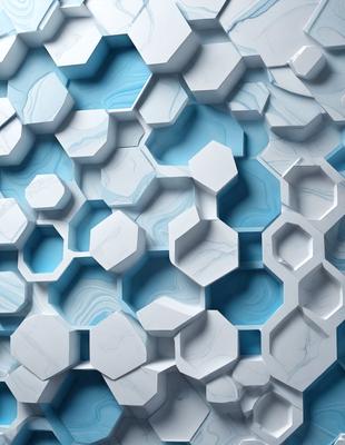 The primary subject of the image is a large, intricate, and colorful marble wall. The setting is a room with a blue background, which adds to the overall atmosphere. The visual style is a combination of photo and digital art, creating a unique and eye-catching pattern. The colors and mood of the image are vibrant and lively, with the blue and white marble creating a striking contrast against the blue background.