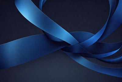 The primary subject of the image is a blue ribbon or bow, which is the main object, scene, or focus of the image. The ribbon is wound around itself, creating a visually striking pattern. The setting or background of the image is a dark blue surface, which adds to the overall atmosphere and visual style of the image. The colors and mood of the image are predominantly dark and moody, with the blue ribbon being the main source of color and visual interest.