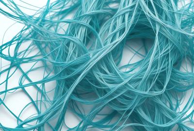 The primary subject of the image is a blue, curly, and twisted piece of yarn. The setting is a white background, which provides a clean and uncluttered environment for the yarn. The visual style is a close-up of the yarn, showcasing its texture and details. The colors and mood of the image are predominantly blue, creating a calm and soothing atmosphere.