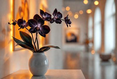 The primary subject of the image is a vase filled with purple orchids. The vase is placed on a table, and the orchids are the main focus of the scene. The setting appears to be a room with a white background, which adds to the overall mood of the image. The visual style is a close-up of the vase and orchids, showcasing the details of the flowers and the vase itself. The colors and mood of the image are predominantly purple, creating a sense of