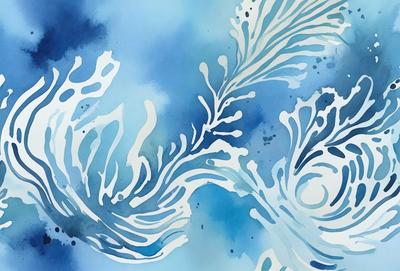The primary subject of the image is a blue and white painting of a leafy plant. The setting is a blue background, which complements the colors of the painting. The visual style is a combination of digital art and illustration, creating a unique and artistic representation of the leafy plant. The dominant colors are blue and white, giving the painting a calming and serene atmosphere.