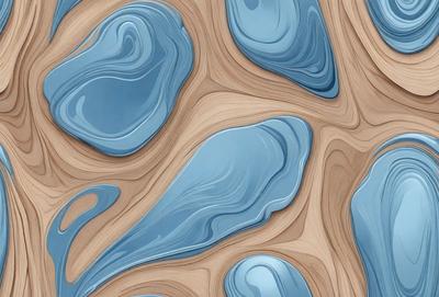 The primary subject of the image is a blue and brown wood grain pattern. The setting is a wooden surface, and the visual style appears to be a combination of a photo and digital art. The dominant colors are blue and brown, creating a calm and natural atmosphere.