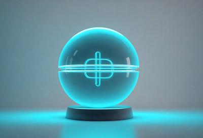 The primary subject of the image is a large, blue, illuminated sphere. The setting is a white background, which provides a clean and minimalist appearance. The visual style is a combination of digital art and illustration, creating a unique and eye-catching design. The colors and mood of the image are predominantly blue, which gives it a calm and serene atmosphere.