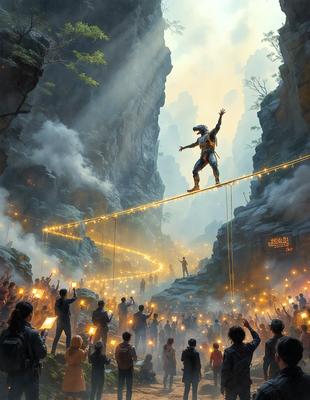 The primary subject of the image is a man performing a daring act of walking on a tightrope between two cliffs. The setting is a mountainous area with a dramatic backdrop, and the visual style is a combination of photo and digital art. The colors and mood of the image are dramatic and intense, with the man's actions capturing the attention of the crowd below.