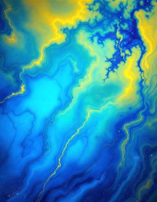 The primary subject of the image is a blue and yellow swirling pattern, which appears to be a digital art or illustration. The setting is a blue and yellow background, creating a vibrant and lively atmosphere. The visual style is a mix of digital art and illustration, with the swirling pattern being the main focus of the image. The colors and mood convey a sense of energy and movement, with the blue and yellow hues adding a sense of depth and dynamism to the scene.