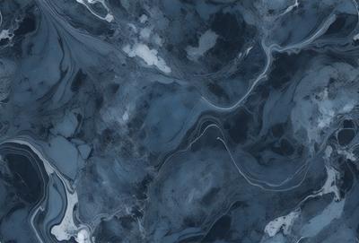 The primary subject of the image is a blue marble surface with a pattern of swirls and waves. The setting is a dark room, and the visual style appears to be a combination of a photo and a digital artwork. The dominant colors are blue and black, creating a moody and dramatic atmosphere.