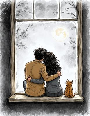 The primary subject of the image is a man and a woman sitting together on a window sill, looking out at the night sky. The setting is a dark room with a window, and the visual style is a hand-drawn illustration. The colors and mood of the image are predominantly dark, with the couple and the cat being the main focus.