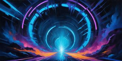 The primary subject of the image is a blue tunnel with a bright light at the end. The setting is a futuristic environment, possibly a space station or a high-tech facility. The visual style is a digital art or illustration, with a vibrant and colorful atmosphere. The dominant colors are blue and purple, creating a sense of depth and mystery in the scene.