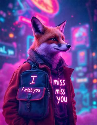 The primary subject of the image is a fox with a backpack on, standing in a city environment. The visual style is a combination of photo and digital art, creating a unique and eye-catching scene. The colors and mood are predominantly pink, giving the image a vibrant and lively atmosphere.