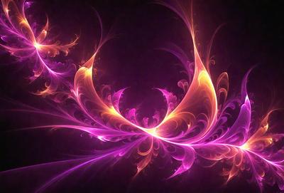 The primary subject of the image is a purple and orange flame pattern. The setting is a dark background, which contrasts with the vibrant colors of the flame pattern. The visual style appears to be a digital art or illustration, as the flame pattern is intricately detailed and has a modern, artistic appearance. The dominant colors in the image are purple and orange, creating a bold and striking visual effect.