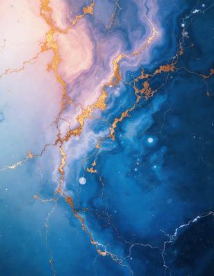 The primary subject of the image is a blue and gold painting of a galaxy. The setting is a space with a blue background, and the visual style appears to be a digital art or illustration. The dominant colors in the painting are blue and gold, creating a serene and celestial atmosphere.