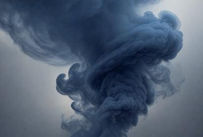 The primary subject of the image is a large, dark cloud with a blue hue. The cloud is billowing and appears to be a storm cloud. The setting is a cloudy sky, and the visual style is a photo. The dominant colors are blue and dark grey, creating a moody atmosphere.