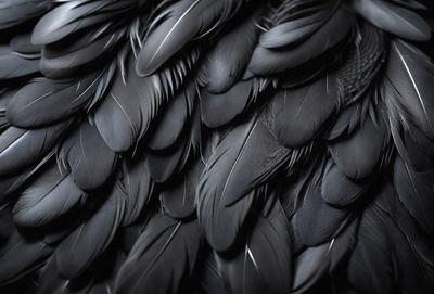 The primary subject of the image is a close-up of a black bird's wing, showcasing its feathers. The setting is a black background, which emphasizes the bird's wing and its details. The visual style is a close-up, which allows the viewer to appreciate the intricate patterns and textures of the bird's feathers. The colors and mood of the image are predominantly black, creating a dramatic and striking effect.