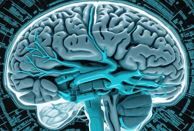 The primary subject of the image is a close-up of a human brain. The brain is depicted in a blue and white color scheme, giving it a futuristic and technological appearance. The setting is a white background, which provides a clean and minimalistic environment for the brain to be displayed. The visual style of the image is a combination of digital art and illustration, creating a detailed and realistic representation of the brain. The colors and mood of the image are both futuristic and scientific, emphasizing the advanced nature