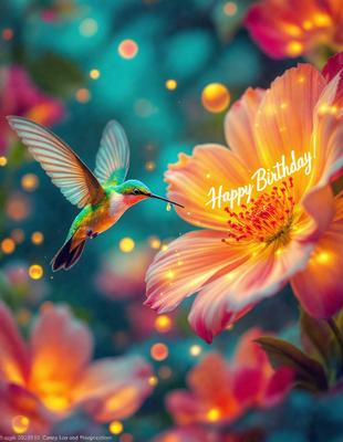 The primary subject of the image is a colorful butterfly, which is flying close to a pink flower. The setting is a garden, with the butterfly hovering above the flower. The visual style is a combination of photo and digital art, creating a vibrant and lively atmosphere. The dominant colors are pink and green, with the butterfly being predominantly green and the flower being predominantly pink.
