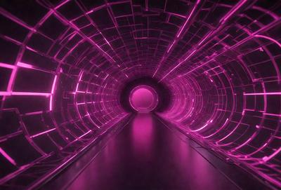 The primary subject of the image is a tunnel with a purple lighting effect. The setting is a dark, pink-lit tunnel, and the visual style appears to be a combination of a photo and digital art. The dominant colors are purple and pink, creating a unique and atmospheric environment.