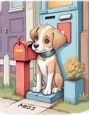 The primary subject of the image is a brown and white dog sitting on a mailbox. The setting is an outdoor environment, with a blue mailbox and a purple door in the background. The visual style is an illustration or a cartoon, giving the scene a playful and whimsical atmosphere. The colors are predominantly blue and purple, with the brown and white dog being the main focus of the image.