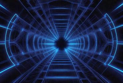 The primary subject of the image is a tunnel-like structure with a blue light illuminating it. The tunnel appears to be a part of a larger, interconnected network of tunnels. The setting is a dark, enclosed space, and the visual style is a combination of a photo and digital art. The dominant colors are blue and black, creating a moody and mysterious atmosphere.