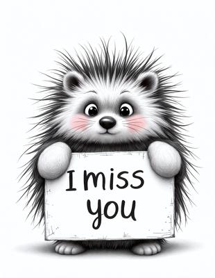 The primary subject of the image is a cute cartoon hedgehog holding a sign that says "I miss you." The setting is a white background, and the visual style is a digital art illustration. The dominant colors are pink and white, creating a warm and friendly atmosphere.