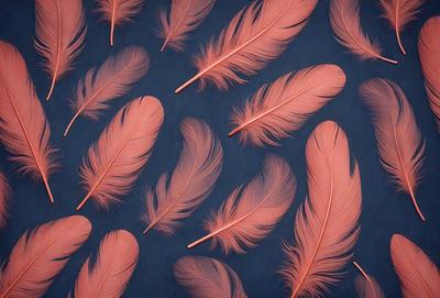 The primary subject of the image is a pattern of pink feathers. The setting is a blue background, which creates a striking contrast with the pink feathers. The visual style is a combination of photo and digital art, as the feathers are arranged in a visually appealing manner. The dominant colors are pink and blue, creating a warm and inviting atmosphere.