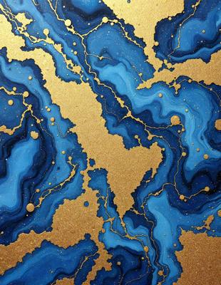 The primary subject of the image is a blue and gold mosaic design, which is the main focus of the image. The setting is a blue and gold background, which complements the design. The visual style is a combination of digital art and illustration, creating a unique and intricate pattern. The colors and mood of the image are predominantly blue and gold, giving it a warm and inviting atmosphere.