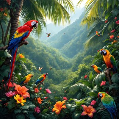 The image features a lush green forest filled with a variety of colorful birds. There are at least 13 birds visible in the scene, with some perched on tree branches and others flying through the air. The birds are of different sizes and colors, creating a vibrant and dynamic atmosphere. The forest is a lush, green environment, providing a perfect habitat for these birds to thrive. The overall mood of the image is one of beauty and harmony, as the birds coexist peacefully in their natural surround