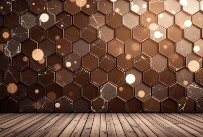 The primary subject of the image is a wall with a pattern of hexagonal shapes. The setting is a room with a wooden floor. The visual style is a combination of photo and digital art, creating a unique and intricate pattern on the wall. The dominant colors are brown and gold, giving the wall a warm and earthy tone. The overall atmosphere is one of elegance and sophistication.