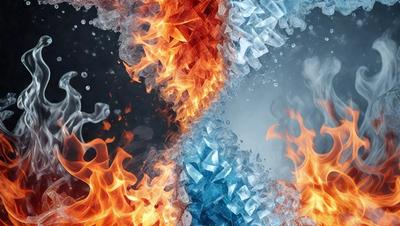 The primary subject of the image is a fire, which is the main object, scene, or focus of the image. The fire is surrounded by a blue and orange background, creating a visually striking contrast. The visual style of the image is a digital art or illustration, as it appears to be a digital creation rather than a photo. The dominant colors in the image are blue and orange, which create a vibrant and energetic atmosphere.