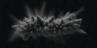 The primary subject of the image is a large, dark, and somewhat blurry cloud. The setting is a black background, which contrasts with the cloud, making it stand out. The visual style appears to be a combination of a photo and a drawing, as the cloud has a somewhat digital and artistic appearance. The colors and mood of the image are dark and moody, with the cloud being the main focus and the background serving as a contrasting element.