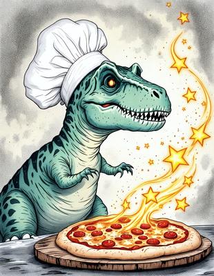 The primary subject of the image is a cartoon dinosaur, specifically a T-Rex, wearing a chef's hat and standing next to a pizza. The visual style is a comic or cartoon illustration. The colors and mood are lively and fun, with the T-Rex being the main focus of the scene.