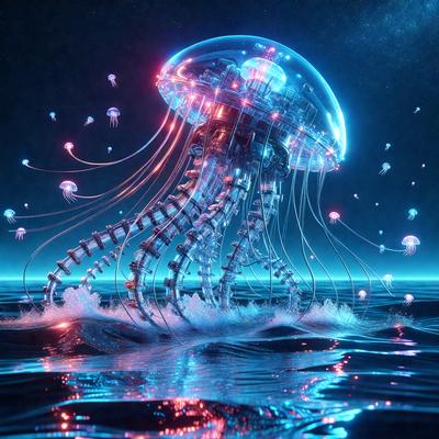 The primary subject of the image is a large, blue, glowing jellyfish with multiple tentacles. The setting is a dark, blue ocean, and the visual style is a digital art or illustration. The dominant colors are blue and purple, creating a serene and mysterious atmosphere.