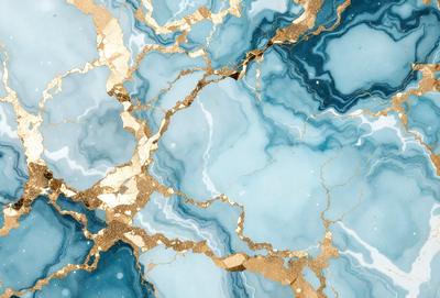 The primary subject of the image is a blue and gold marble-like surface. The setting is a blue and gold marble-like surface, which is the main object, scene, or focus of the image. The visual style is a photo, and the colors and mood are dominated by the blue and gold colors, creating a luxurious and elegant atmosphere.