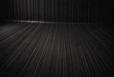The primary subject of the image is a black and white patterned surface, which appears to be a seat or a chair. The setting is a dark room, and the visual style is a close-up of the patterned surface. The colors and mood of the image are predominantly black and white, creating a sense of depth and contrast.
