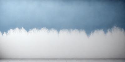 The primary subject of the image is a large, white wall with a blue background. The setting appears to be a room with a tiled floor. The visual style of the image is a digital art or illustration, as it features a waterfall or a wave-like pattern on the wall. The dominant colors in the image are white and blue, creating a calm and serene atmosphere.