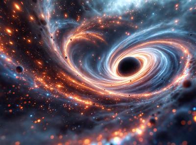 The primary subject of the image is a large, brightly colored, and swirling vortex. The setting is a space environment, with the vortex surrounded by a backdrop of stars and nebulas. The visual style is a combination of photo and digital art, creating a vibrant and dynamic scene. The colors and mood of the image are predominantly warm and energetic, with the swirling vortex and the surrounding stars and nebulas creating a sense of motion and excitement.